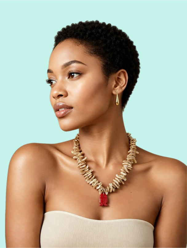 CORALIA Necklace — Natural Shell & Red Coral Fish | 925 Silver