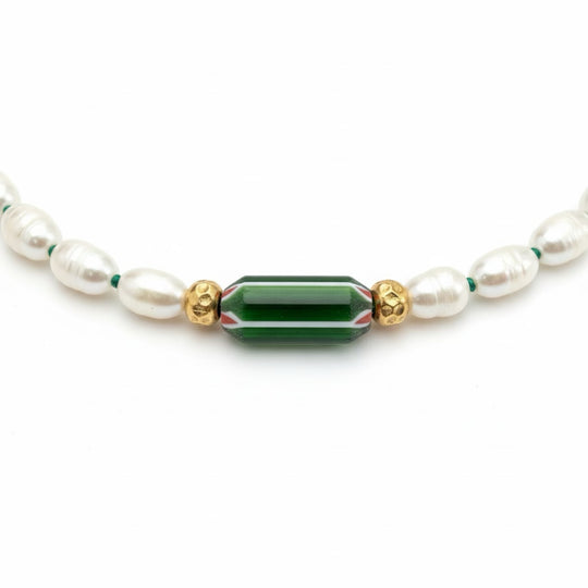 VERDE Necklace — Baroque Pearls & Venetian Chevron Bead | Gold-Plated Silver