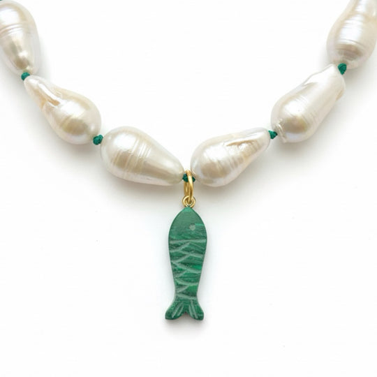 NEREA Necklace — Baroque Pearls | Carved Stone Fish Pendant