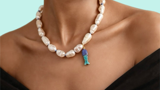 NEREA Necklace — Baroque Pearls | Carved Stone Fish Pendant