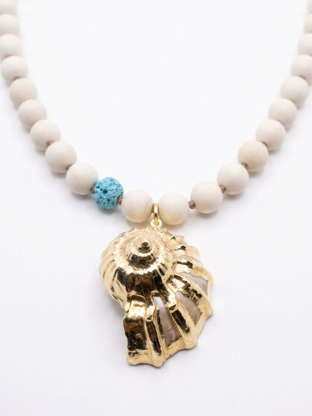 COQUILLE IVOIRE Necklace — Natural Bone Beads & Sea Shell Pendant | Gold-Plated Silver