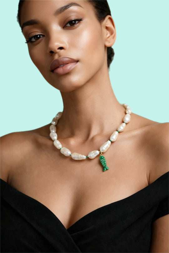 NEREA Necklace — Baroque Pearls | Carved Stone Fish Pendant