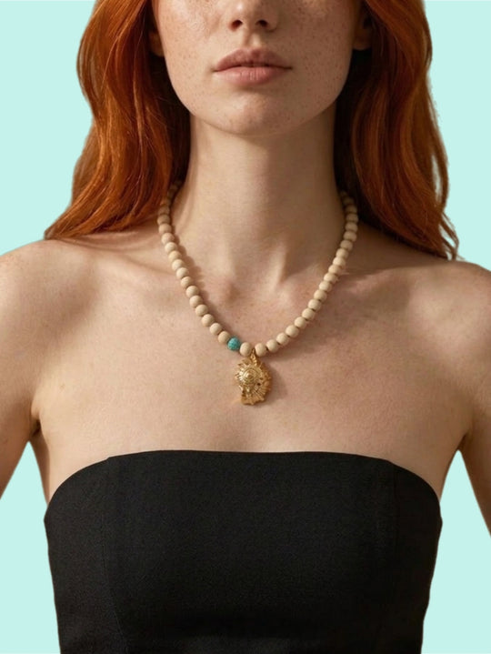 COQUILLE IVOIRE Necklace — Natural Bone Beads & Sea Shell Pendant | Gold-Plated Silver