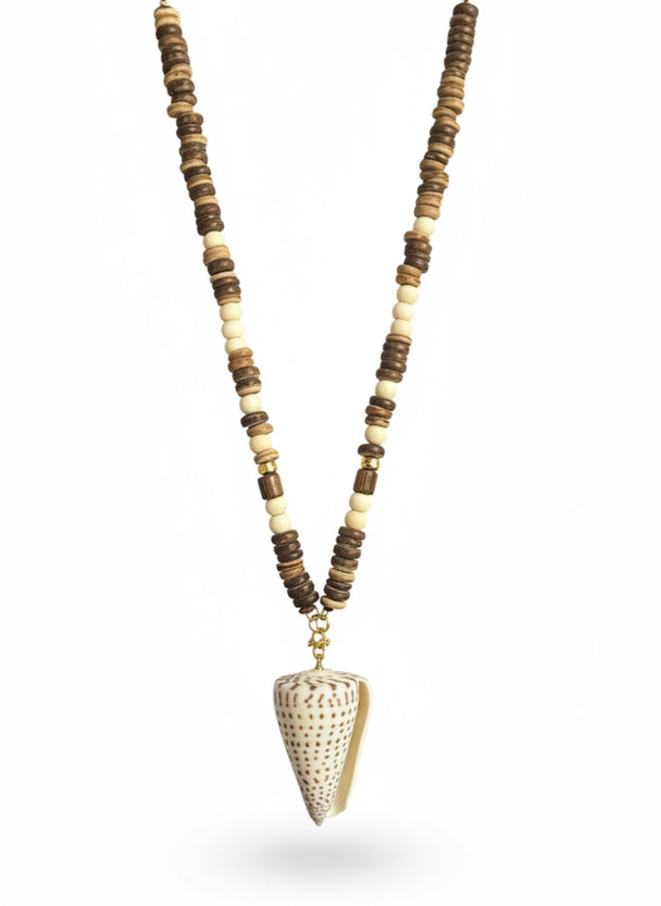 COQUILLE SAUVAGE Necklace — Giant Sea Shell & Wood Beads | Gold-Plated Silver