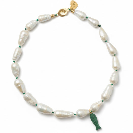 NEREA Necklace — Baroque Pearls | Carved Stone Fish Pendant