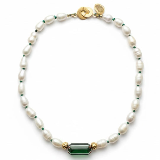 VERDE Necklace — Baroque Pearls & Venetian Chevron Bead | Gold-Plated Silver