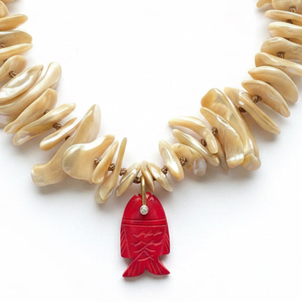 CORALIA Necklace — Natural Shell & Red Coral Fish | 925 Silver