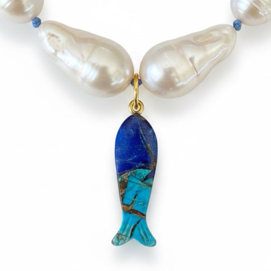 NEREA Necklace — Baroque Pearls | Carved Stone Fish Pendant