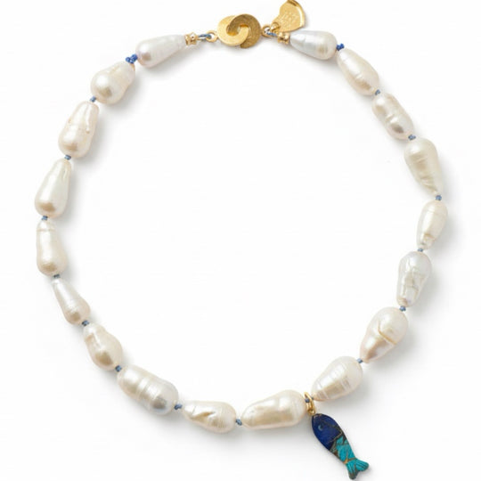 NEREA Necklace — Baroque Pearls | Carved Stone Fish Pendant